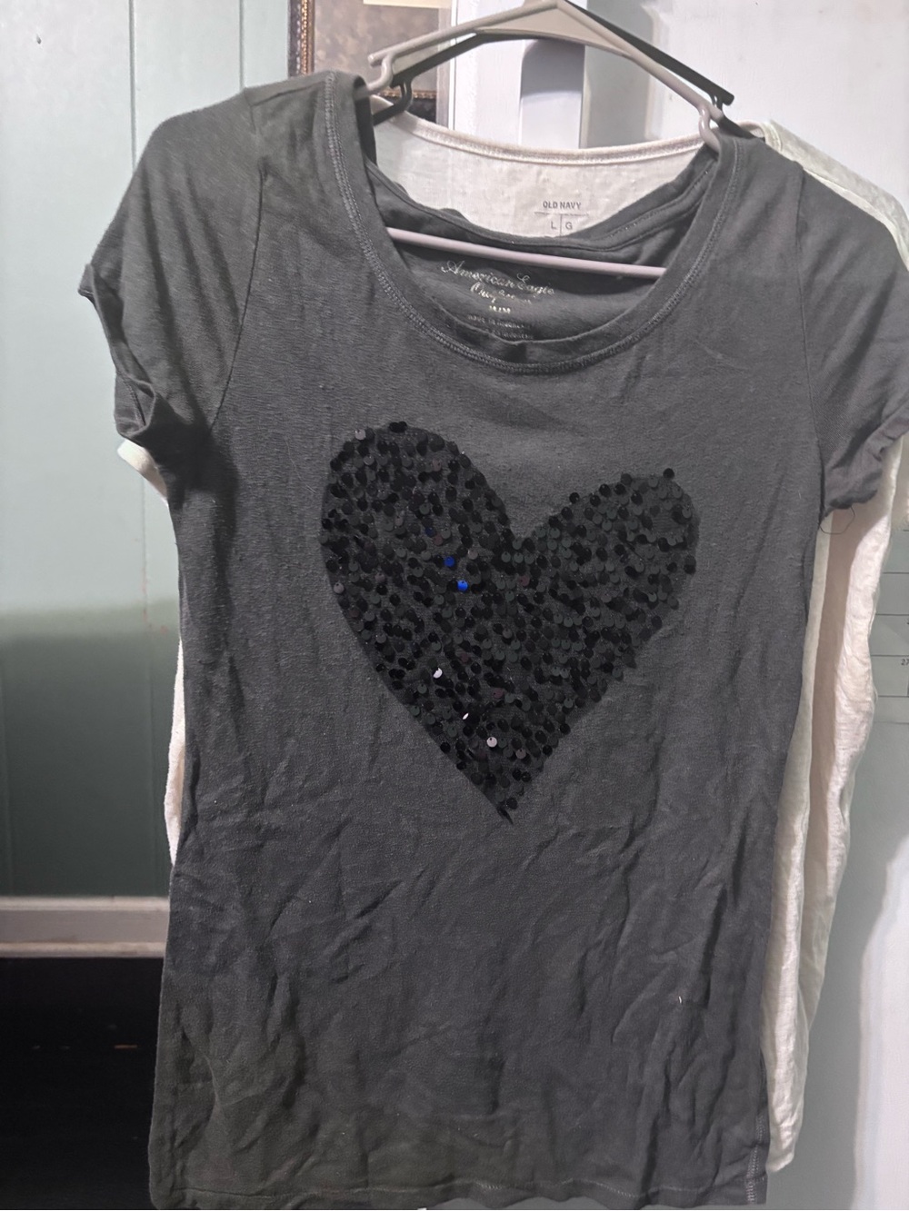 Old Navy Charcoal Gray Tee with Black Sequin Heart